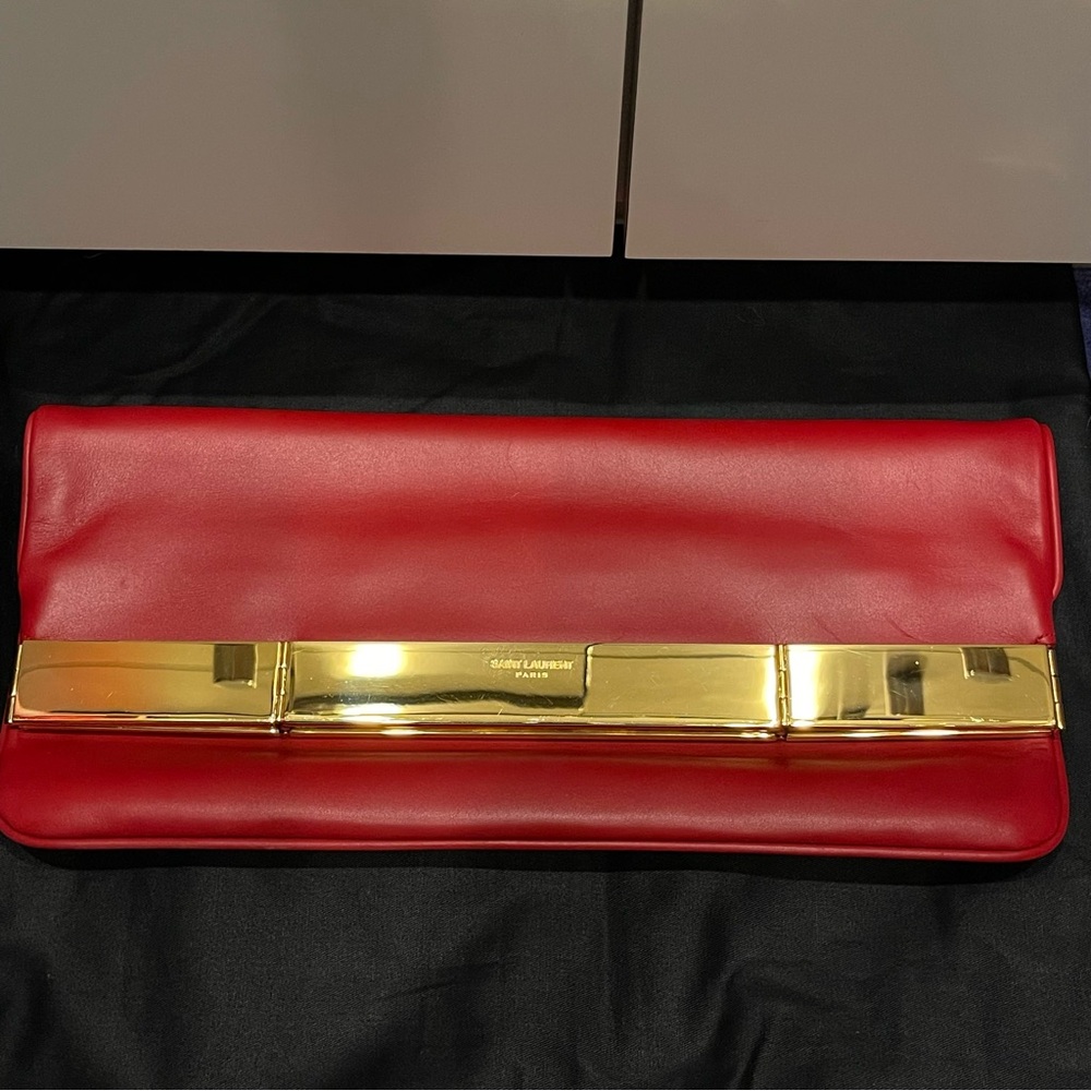 LIKE NEW. Yves Saint Laurent Red Calfskin Leather Lutetia Flap Clutch Bag